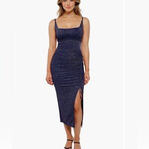 Popilush Navy Sparkle Ruched Midi Dress with Side Slit